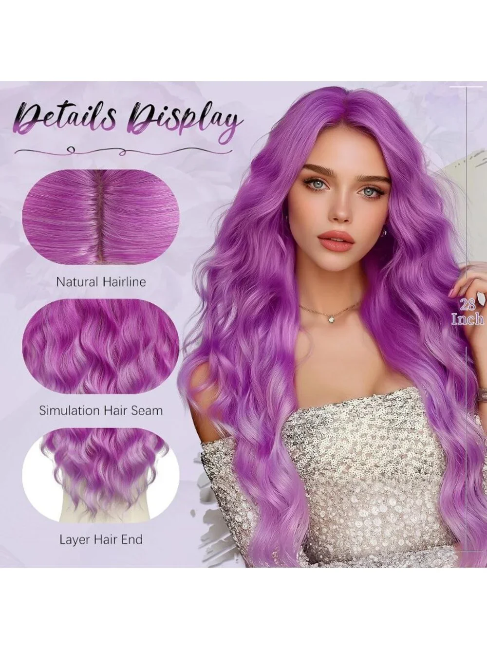 Women's Pastel Purple 28 Inch Lace Front Soft Synthetic Long Wavy Curly Wigs